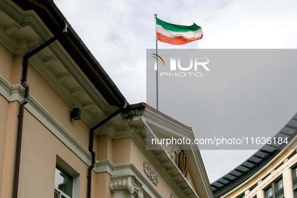 The flag of the Islamic Republic of Iran flies over the building of the embassy in Kyiv, Ukraine, on October 4, 2024. 