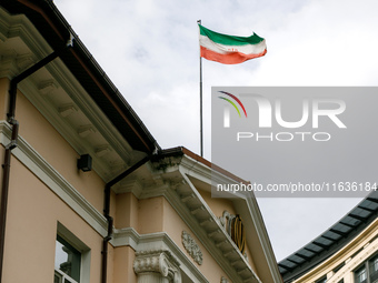 The flag of the Islamic Republic of Iran flies over the building of the embassy in Kyiv, Ukraine, on October 4, 2024. (