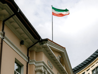 The flag of the Islamic Republic of Iran flies over the building of the embassy in Kyiv, Ukraine, on October 4, 2024. (