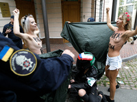 (EDITORS NOTE: Image contains nudity and profanity.) Barechested Femen activists, with slogans written on their bodies, protest against Tehr...