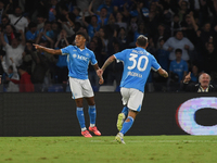 David Neres of SSC Napoli celebrates after scoring during the Serie A match between SSC Napoli and Como at Stadio Diego Armando Maradona Nap...