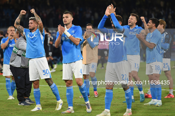 Players of SSC Napoli celebrate at the end of the Serie A match between SSC Napoli and Como at Stadio Diego Armando Maradona Naples Italy on...