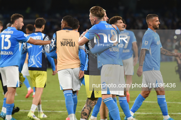 Players of SSC Napoli celebrate at the end of the Serie A match between SSC Napoli and Como at Stadio Diego Armando Maradona Naples Italy on...