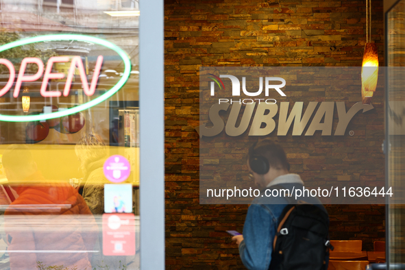 Subway logo is seen in Warsaw, Poland on October 4, 2024. (