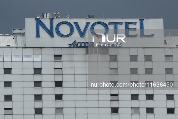 Novotel logo is seen on the hotel in Warsaw, Poland on October 4, 2024. (