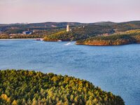 The scenery of Jingyuetan National Forest Park in Changchun, Jilin province, China, on October 4, 2024, is shown. (