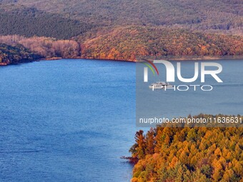 The scenery of Jingyuetan National Forest Park in Changchun, Jilin province, China, on October 4, 2024, is shown. (