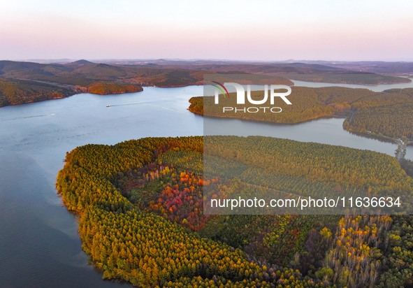 The scenery of Jingyuetan National Forest Park in Changchun, Jilin province, China, on October 4, 2024, is shown. 