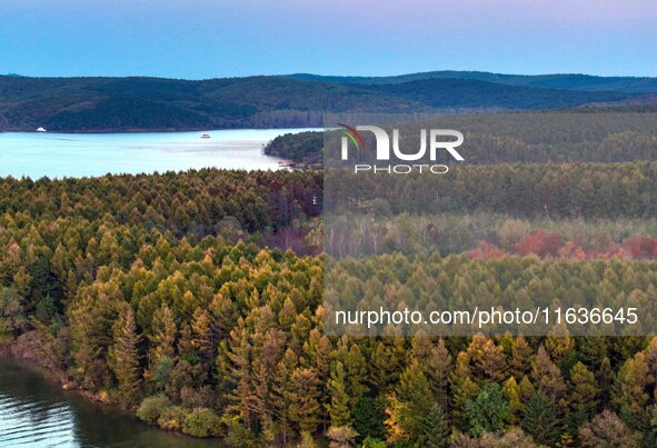 The scenery of Jingyuetan National Forest Park in Changchun, Jilin province, China, on October 4, 2024, is shown. 