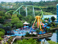 An aerial photo shows the Happy Valley scenic spot in Chongqing, China, on October 3, 2024. Chongqing Happy Valley opens on July 8, 2017, an...