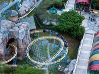 An aerial photo shows the Happy Valley scenic spot in Chongqing, China, on October 3, 2024. Chongqing Happy Valley opens on July 8, 2017, an...