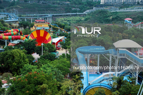 An aerial photo shows the Happy Valley scenic spot in Chongqing, China, on October 3, 2024. Chongqing Happy Valley opens on July 8, 2017, an...