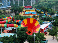 An aerial photo shows the Happy Valley scenic spot in Chongqing, China, on October 3, 2024. Chongqing Happy Valley opens on July 8, 2017, an...