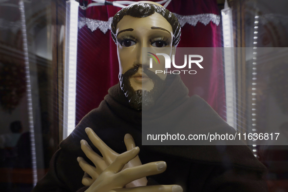 View of an image of St. Francis of Assisi in Tepito in Mexico City, Mexico, on October 4, 2024, where the inhabitants celebrate the Day of S...