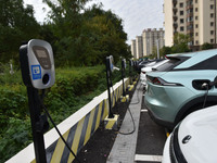 Electric vehicles charge at an electric vehicle charging station on a street in Fuyang, China, on October 5, 2024. (