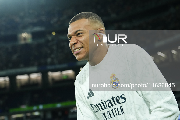 Kylian Mbappe centre-forward of Real Madrid and France during the warm-up before the La Liga match between Real Madrid CF and Deportivo Alav...