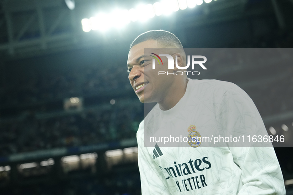 Kylian Mbappe centre-forward of Real Madrid and France during the warm-up before the La Liga match between Real Madrid CF and Deportivo Alav...