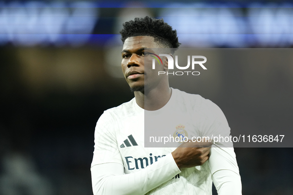 Aurelien Tchouameni defensive midfield of Real Madrid and France during the warm-up before the La Liga match between Real Madrid CF and Depo...