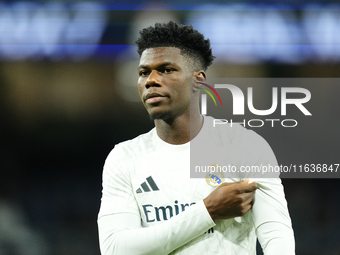 Aurelien Tchouameni defensive midfield of Real Madrid and France during the warm-up before the La Liga match between Real Madrid CF and Depo...