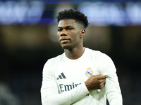 Aurelien Tchouameni defensive midfield of Real Madrid and France during the warm-up before the La Liga match between Real Madrid CF and Depo...