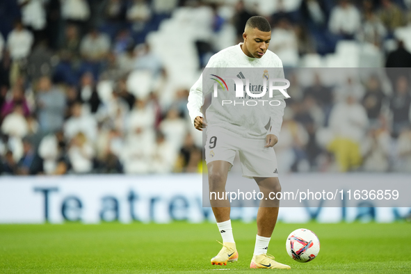 Kylian Mbappe centre-forward of Real Madrid and France during the warm-up before the La Liga match between Real Madrid CF and Deportivo Alav...