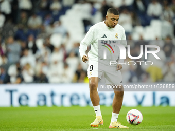 Kylian Mbappe centre-forward of Real Madrid and France during the warm-up before the La Liga match between Real Madrid CF and Deportivo Alav...