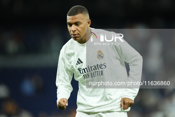 Kylian Mbappe centre-forward of Real Madrid and France during the warm-up before the La Liga match between Real Madrid CF and Deportivo Alav...