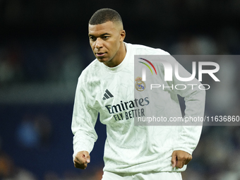 Kylian Mbappe centre-forward of Real Madrid and France during the warm-up before the La Liga match between Real Madrid CF and Deportivo Alav...