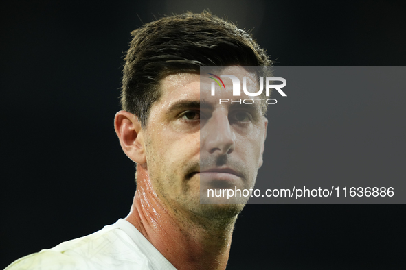 Thibaut Courtois goalkeeper of Real Madrid and Belgium during the warm-up before the La Liga match between Real Madrid CF and Deportivo Alav...