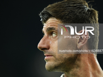 Thibaut Courtois goalkeeper of Real Madrid and Belgium during the warm-up before the La Liga match between Real Madrid CF and Deportivo Alav...