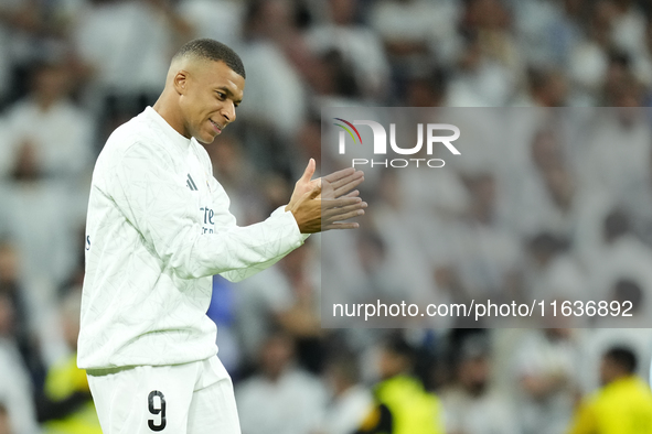 Kylian Mbappe centre-forward of Real Madrid and France during the warm-up before the La Liga match between Real Madrid CF and Deportivo Alav...