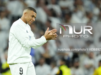 Kylian Mbappe centre-forward of Real Madrid and France during the warm-up before the La Liga match between Real Madrid CF and Deportivo Alav...