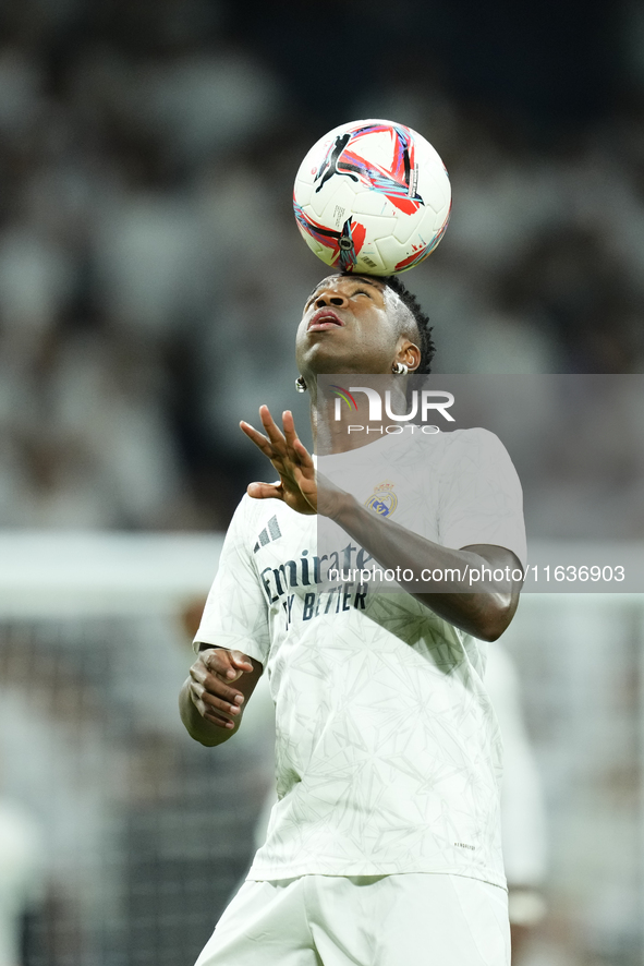 Vinicius Junior left winger of Real Madrid and Brazil during the warm-up before the La Liga match between Real Madrid CF and Deportivo Alavé...