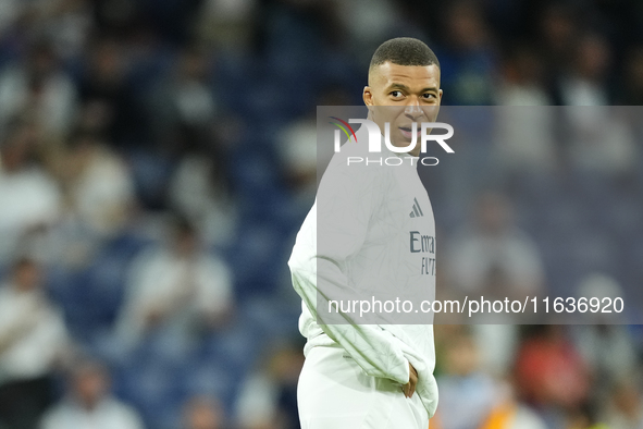 Kylian Mbappe centre-forward of Real Madrid and France during the warm-up before the La Liga match between Real Madrid CF and Deportivo Alav...