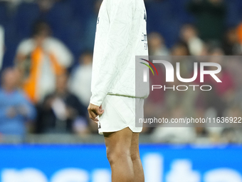 Kylian Mbappe centre-forward of Real Madrid and France during the warm-up before the La Liga match between Real Madrid CF and Deportivo Alav...