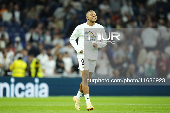 Kylian Mbappe centre-forward of Real Madrid and France during the warm-up before the La Liga match between Real Madrid CF and Deportivo Alav...