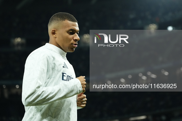 Kylian Mbappe centre-forward of Real Madrid and France during the warm-up before the La Liga match between Real Madrid CF and Deportivo Alav...