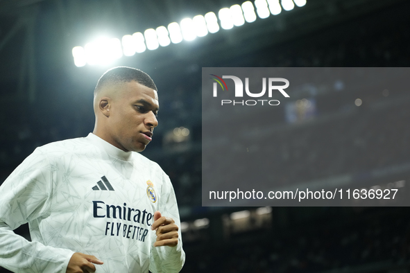 Kylian Mbappe centre-forward of Real Madrid and France during the warm-up before the La Liga match between Real Madrid CF and Deportivo Alav...