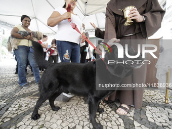 Devotees raise their pets to receive holy water blessings during a mass to bless pets and animals as part of 'World Animal Day' at Iglesia d...