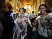 Devotees raise their pets to receive holy water blessings during a mass to bless pets and animals as part of 'World Animal Day' at Iglesia d...