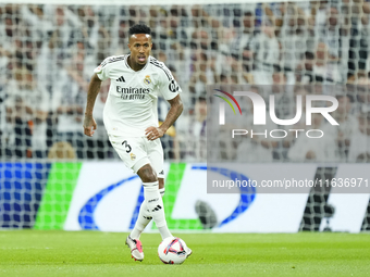 Eder Militao centre-back of Real Madrid and Brazil during the La Liga match between Real Madrid CF and Deportivo Alavés at Estadio Santiago...