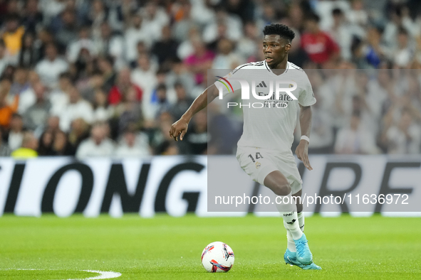 Aurelien Tchouameni defensive midfield of Real Madrid and France during the La Liga match between Real Madrid CF and Deportivo Alavés at Est...