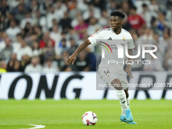 Aurelien Tchouameni defensive midfield of Real Madrid and France during the La Liga match between Real Madrid CF and Deportivo Alavés at Est...