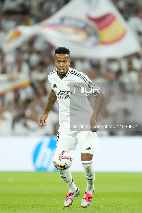 Eder Militao centre-back of Real Madrid and Brazil during the La Liga match between Real Madrid CF and Deportivo Alavés at Estadio Santiago...