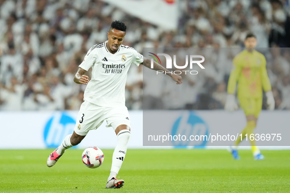 Eder Militao centre-back of Real Madrid and Brazil during the La Liga match between Real Madrid CF and Deportivo Alavés at Estadio Santiago...