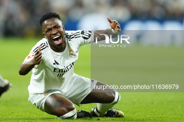 Vinicius Junior left winger of Real Madrid and Brazil reacts during the La Liga match between Real Madrid CF and Deportivo Alavés at Estadio...