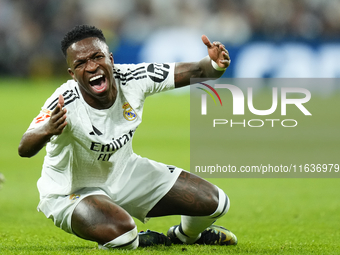 Vinicius Junior left winger of Real Madrid and Brazil reacts during the La Liga match between Real Madrid CF and Deportivo Alavés at Estadio...