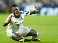 Vinicius Junior left winger of Real Madrid and Brazil reacts during the La Liga match between Real Madrid CF and Deportivo Alavés at Estadio...