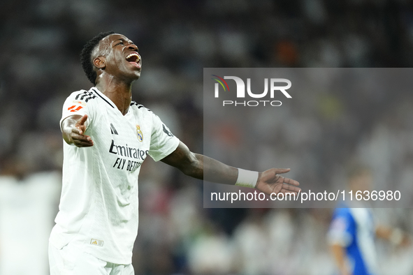 Vinicius Junior left winger of Real Madrid and Brazil reacts during the La Liga match between Real Madrid CF and Deportivo Alavés at Estadio...