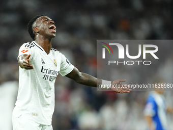 Vinicius Junior left winger of Real Madrid and Brazil reacts during the La Liga match between Real Madrid CF and Deportivo Alavés at Estadio...